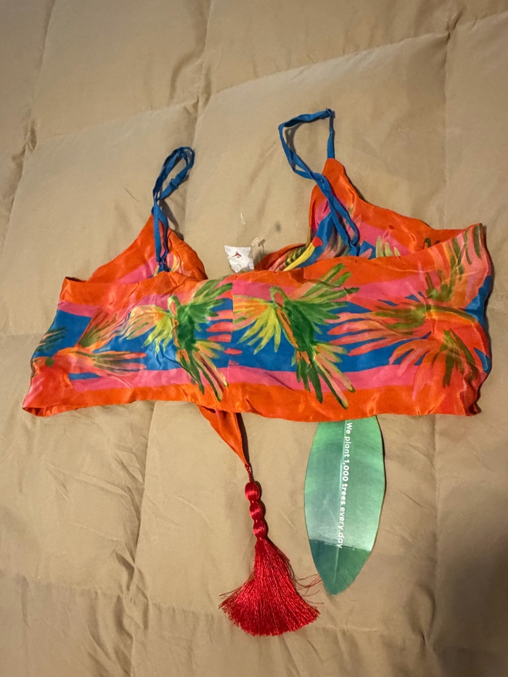 FARM Rio Orange Tropical Print Bikini Top with Blue Trim